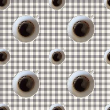 Vector seamless pattern with top veiw cup of coffee on a vichy table cloth Stock Illustration