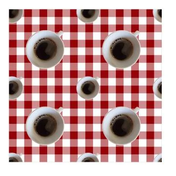 Vector seamless pattern with top veiw cup of coffee on a vichy table cloth Stock Illustration