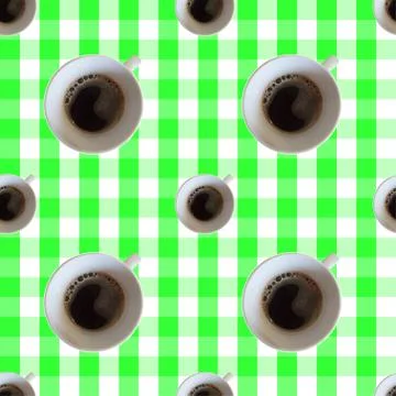 Vector seamless pattern with top veiw cup of coffee on a vichy table cloth Stock Illustration