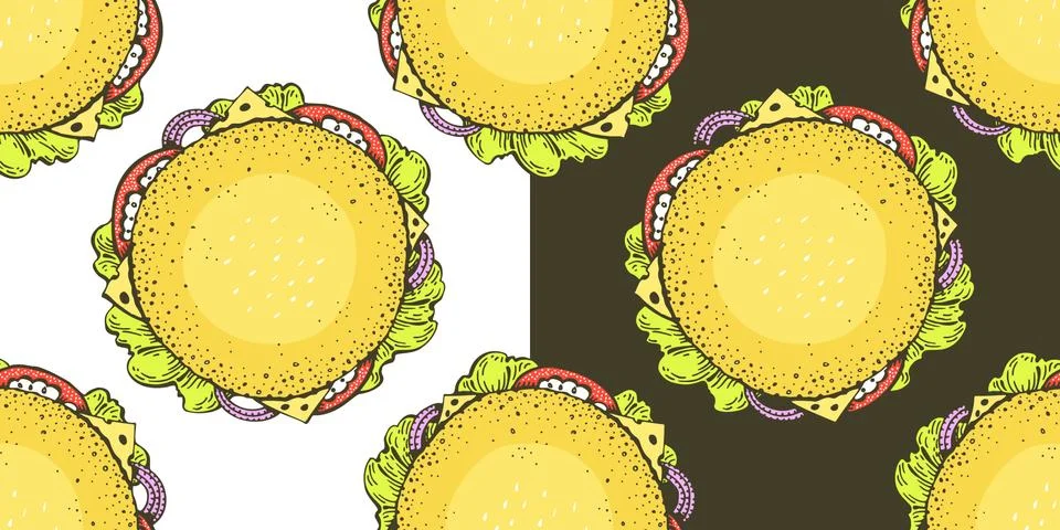 Vector seamless pattern with top view burgers on white and dark backgrounds.  Stock Illustration