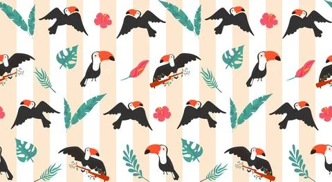 Vector seamless pattern with toucan and tropical leaves: palms, monstera, banana Stock Illustration