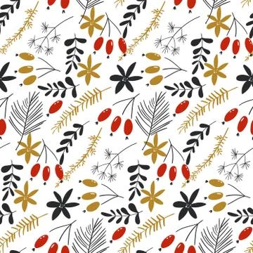 Vector seamless pattern with the traditional Christmas floral elements. Hand 스톡 일러스트