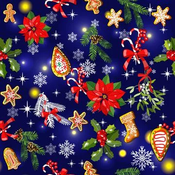 Vector seamless pattern with traditional Christmas and New Year symbols. Endl Stock Illustration