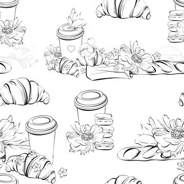 Vector seamless pattern Traditional french croissant and baguette with Paper cup Stock Illustration
