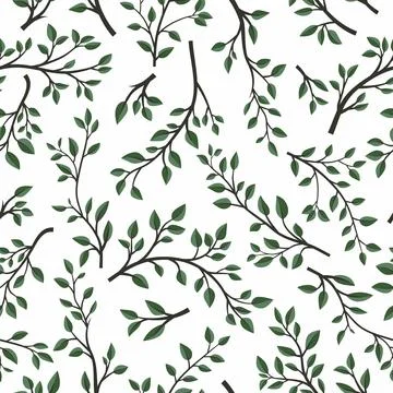 Vector Seamless Pattern with Tree Brunches. Flat Cartoon Twig with Green Leaves Stock Illustration