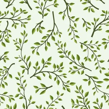 Vector Seamless Pattern with Tree Brunches. Flat Cartoon Twig with Green Leaves Illustrazione stock