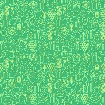 Vector seamless pattern with trendy icons of healthy eco fruits and vegetable Stock Illustration