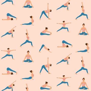 Vector seamless pattern in trendy retro style of woman doing yoga. Stock Illustration
