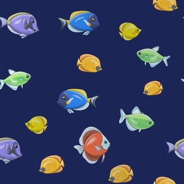 Vector seamless pattern of tropical colorful fish in cartoon style on a dark Stock Illustration