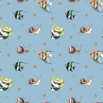 Vector seamless pattern of tropical colorful fishes and snails on a blue back Stock Illustration