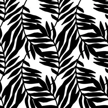 Vector seamless pattern of tropical curved leaves overlaying each other on a Stock Illustration