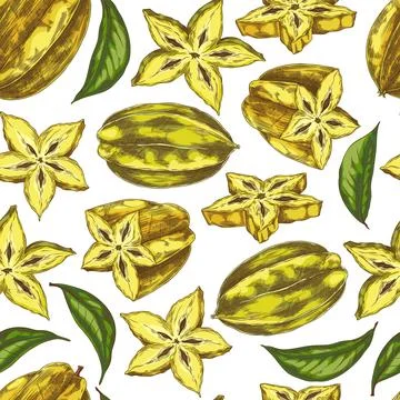 Vector seamless pattern with tropical fruit carambola, made in the style of a Stock Illustration