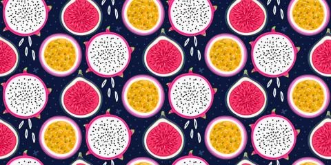 Vector seamless pattern with tropical fruits. Healthy dessert. Fruity backgro Stock Illustration