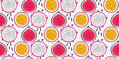 Vector seamless pattern with tropical fruits. Healthy dessert. Fruity backgro Stock Illustration