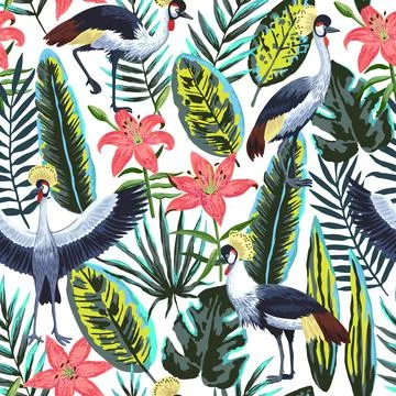 Vector seamless pattern with tropical jungle leaves and flowers and crowned 스톡 일러스트