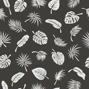 Vector Seamless Pattern with Tropical Leaf Silhouettes. Flat Vector Black and イラスト素材