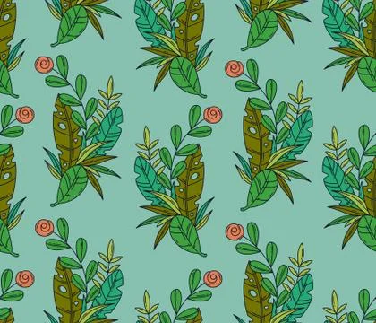 Vector seamless pattern of tropical leaves and flower. Stock Illustration