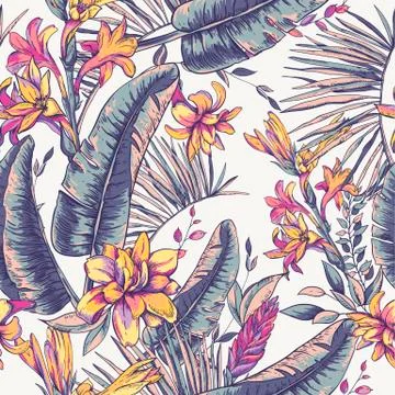 Vector seamless pattern of tropical leaves, Exotic natura backgr Stock Illustration