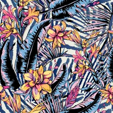 Vector seamless pattern of tropical leaves, Exotic natura backgr Stock Illustration