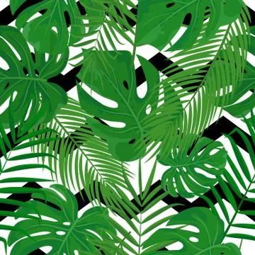 Vector seamless pattern with tropical leaves on zig zag background. Illustrazione stock