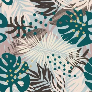 Vector seamless pattern of tropical leaves in pastel and nature colors Stock Illustration