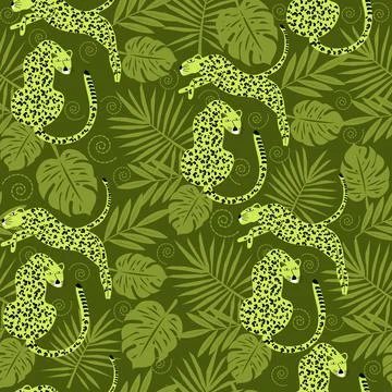 Vector seamless pattern with tropical leaves with tiger Stock Illustration