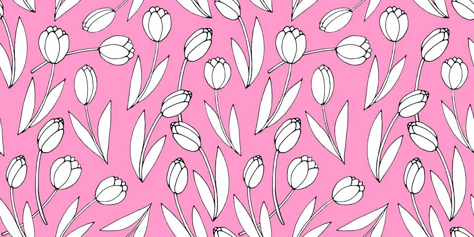 Vector seamless pattern with tulip flowers. Hand drawn doodle flat spring t.. 스톡 일러스트