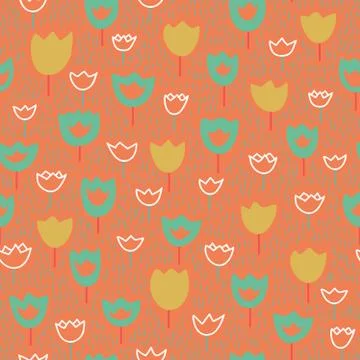 Vector seamless pattern with tulips and grass. Pastel background. Stock Illustration