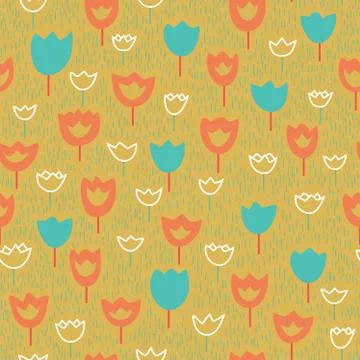 Vector seamless pattern with tulips and grass.  Orange and blue colors. Stock Illustration