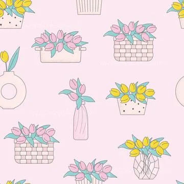 Vector seamless pattern with tulips buskets for flower, gift shop, womens day Stock Illustration