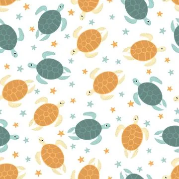 Vector seamless pattern with turtle.Underwater cartoon creatures.Marine Illustrazione stock