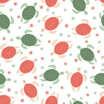 Vector seamless pattern with turtle.Underwater cartoon creatures.Marine Illustrazione stock