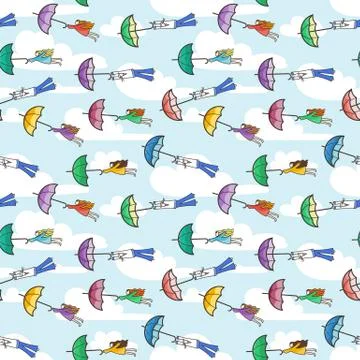 Vector seamless pattern with umbrellas flying at people. Stock Illustration