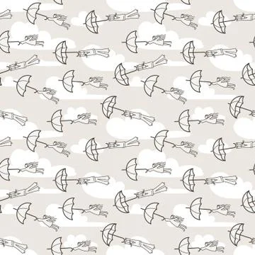 Vector seamless pattern with umbrellas flying at people. Stock Illustration