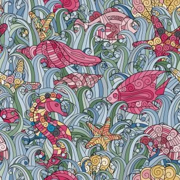 Vector seamless pattern Underwater creatures. Ocean background Stock Illustration