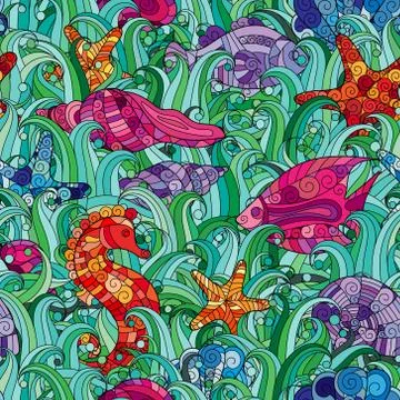 Vector seamless pattern Underwater creatures. Ocean background Stock Illustration
