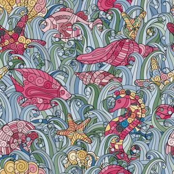 Vector seamless pattern Underwater creatures. Ocean background Ilustração Stock