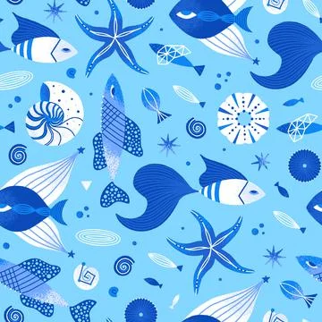 Vector seamless pattern with underwater world. Hand-drawn fish. Marine life.  Stock Illustration