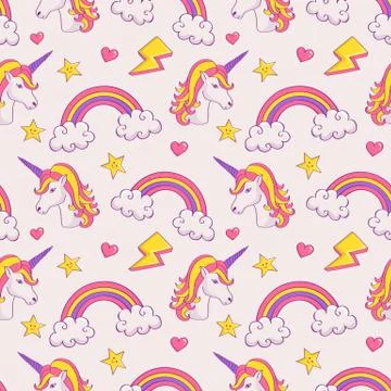 Vector seamless pattern with unicorns and rainbows. Illustrazione stock