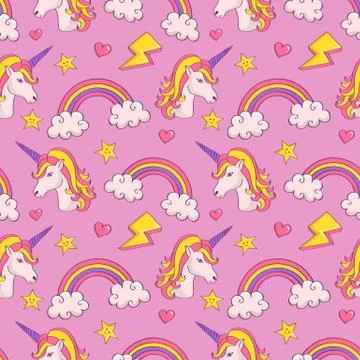 Vector seamless pattern with unicorns and rainbows. Illustrazione stock