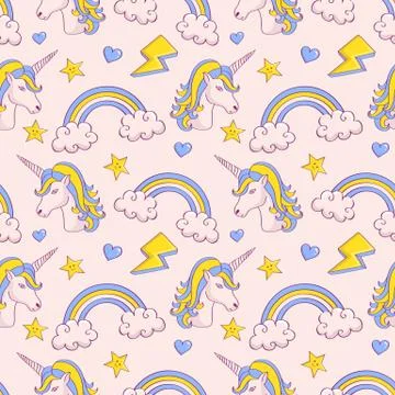 Vector seamless pattern with unicorns and rainbows. Illustrazione stock