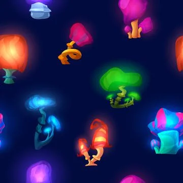Vector seamless pattern with unusual glowing fantasy mushrooms on black. Stock Illustration