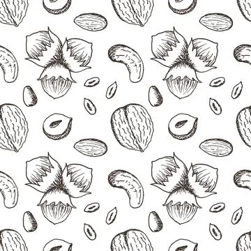 Vector seamless pattern with a variety of nuts in vintage style. Stock Illustration