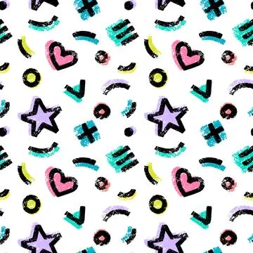 Vector seamless pattern with variou simple textured geometric shapes on white Stock Illustration