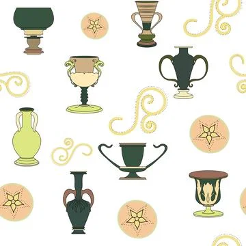 Vector seamless pattern of vases, circles, inside which there are elements of Illustrazione stock