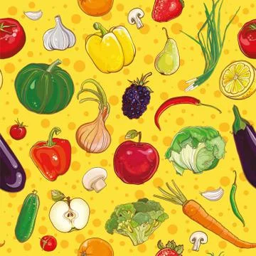 Vector seamless pattern with vegetables and fruits Stock Illustration