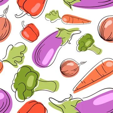 Vector seamless pattern of Vegetables . Vector illustration. Line art. Eggplant Stock Illustration