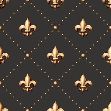 Vector Seamless Pattern with Vintage 3d Realistic Metal Golden Color Fleur De Stock Illustration