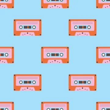 Vector seamless pattern with vintage cassettes, tapes, old music. Stock Illustration