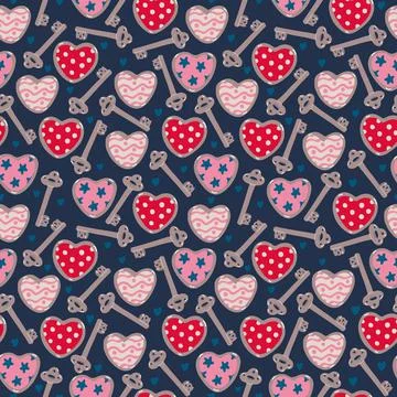 Vector seamless pattern with vintage keys and hearts on dark Stock Illustration